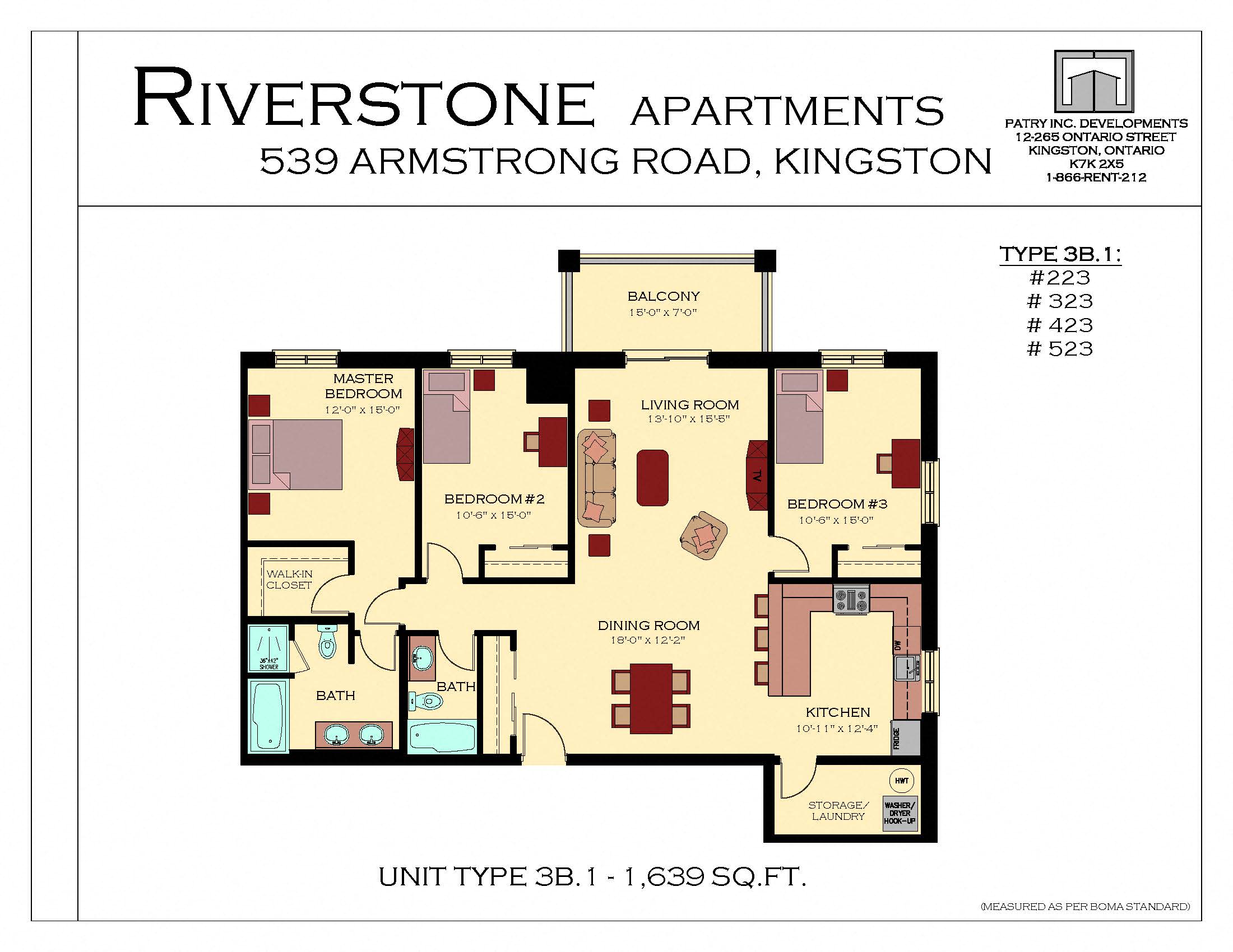 Floor plan for 3 beds, 2 baths, 1639 sqft